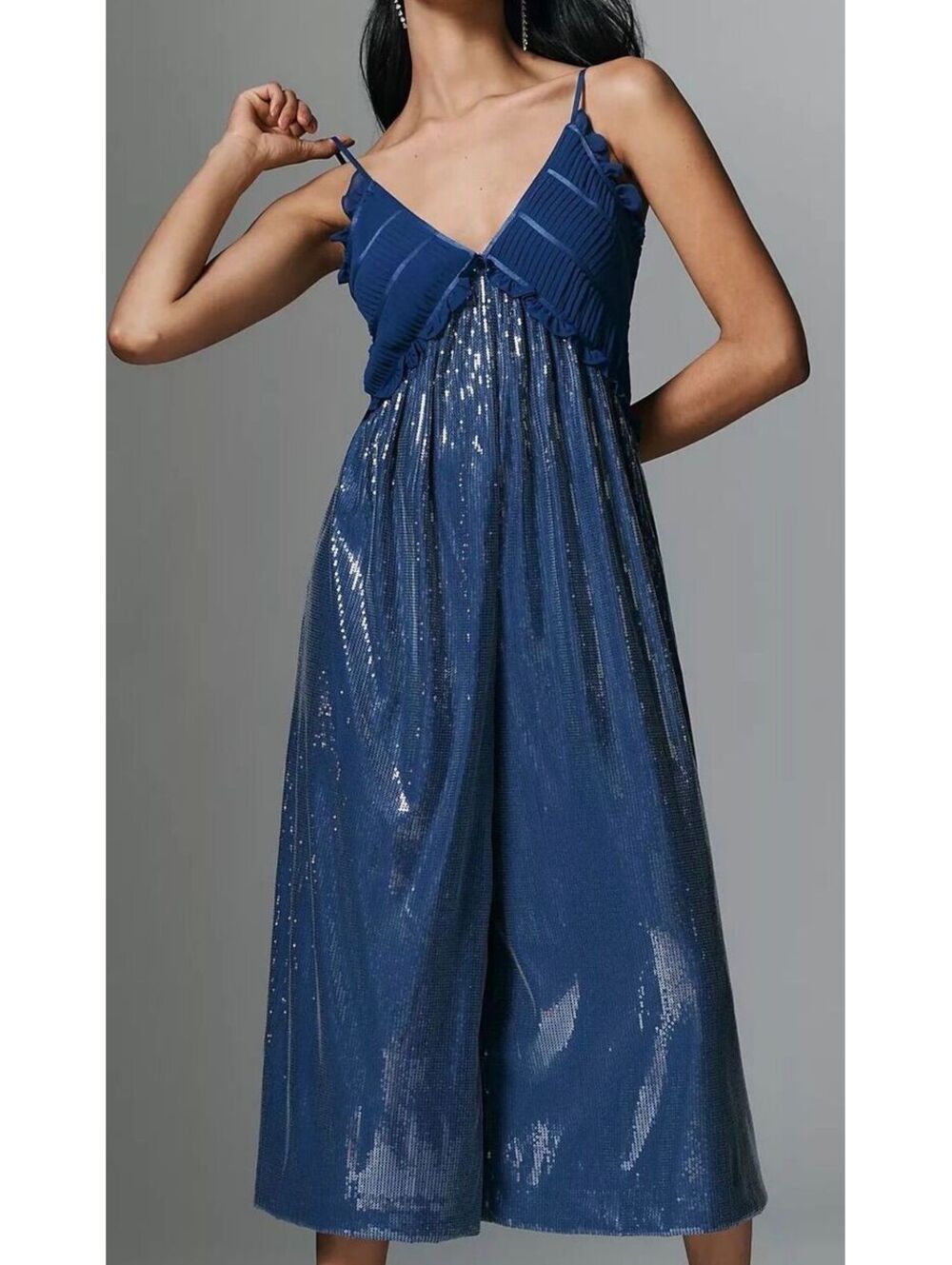NWT $248 Maeve Anthropologie Fluid Shine Ruffle Crop Jumpsuit Blue Size M